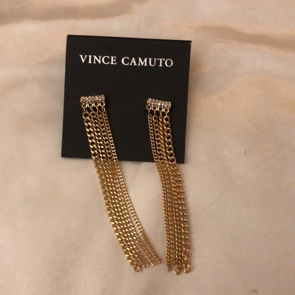 Vince Camuto Gold Tone Bar With CZ Accents & Chain Fringe Drop Earrings NWT - Picture 4 of 10